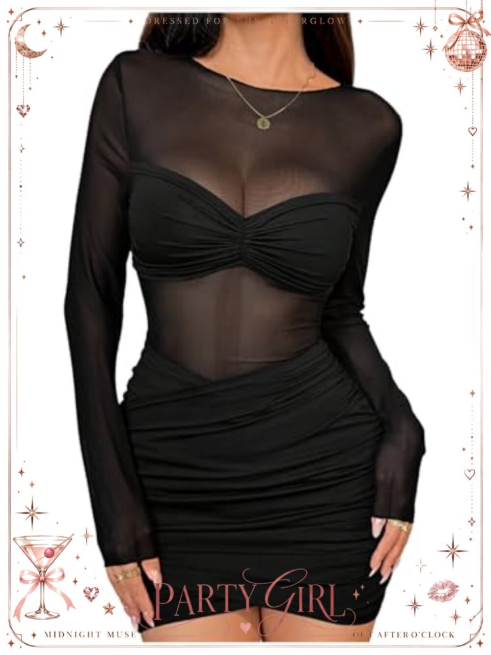 Milumia Women's Sheer Mesh Mini Dress Long Sleeve Ruched Club Party